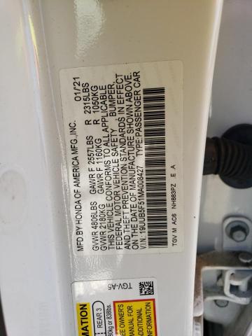 19UUB5F51MA008427 - 2021 ACURA TLX TECH A WHITE photo 12
