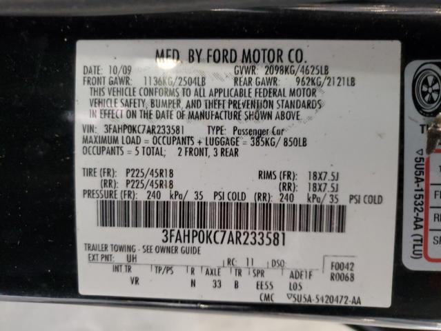 3FAHP0KC7AR233581 - 2010 FORD FUSION SPORT BLACK photo 12