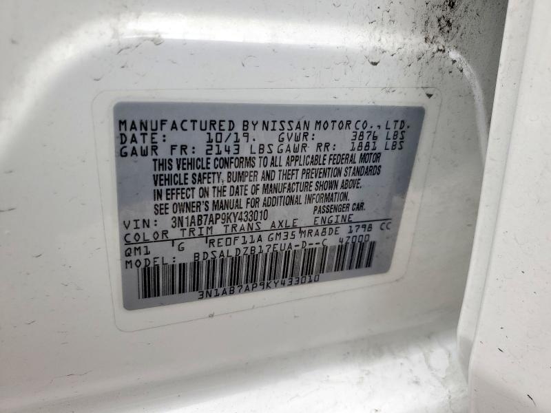 3N1AB7AP9KY433010 - 2019 NISSAN SENTRA S WHITE photo 12