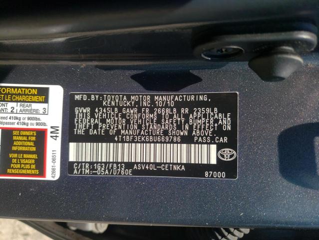 4T1BF3EK6BU669786 - 2011 TOYOTA CAMRY BASE 石墨色 照片 12