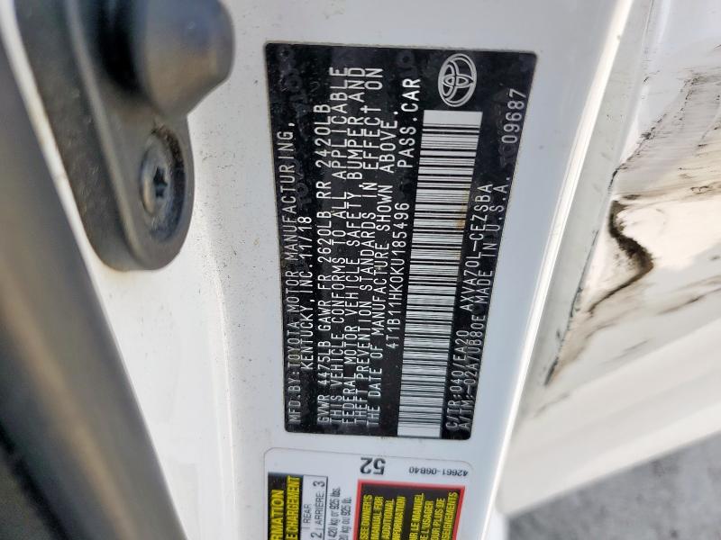 4T1B11HK0KU185496 - 2019 TOYOTA CAMRY L WHITE photo 12