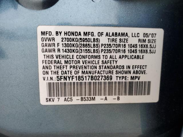 5FNYF18517B027369 - 2007 HONDA PILOT EXL BLUE photo 13