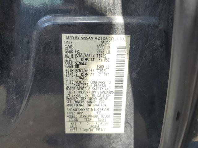 5N1AR18WX6C664978 - 2006 NISSAN PATHFINDER LE BLACK photo 12