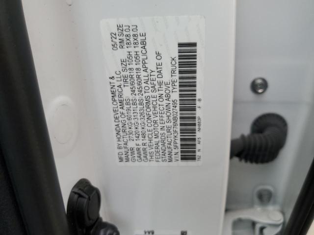 5FPYK3F76NB027495 - 2022 HONDA RIDGELINE RTL WHITE photo 12