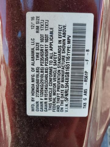 5FNRL5H4XGB165116 - 2016 HONDA ODYSSEY EX RED photo 13