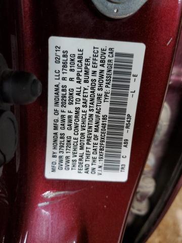 19XFB2F9XCE048185 - 2012 HONDA CIVIC EXL MAROON photo 12