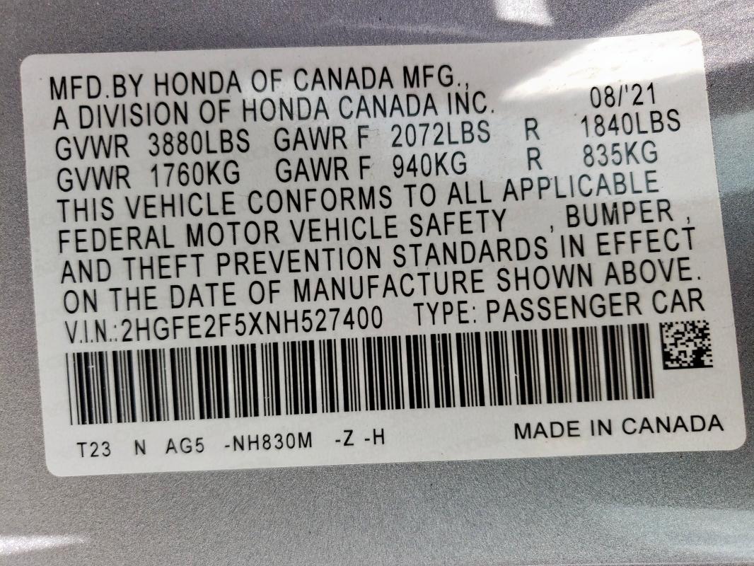 2HGFE2F5XNH527400 - 2022 HONDA CIVIC SPORT SILVER photo 12