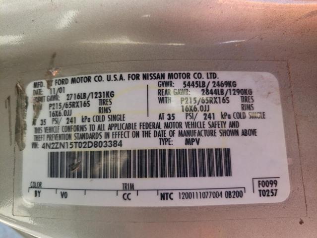 4N2ZN15T02D803384 - 2002 NISSAN QUEST GXE CREAM photo 13