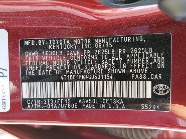 4T1BF1FK4GU501154 - 2016 TOYOTA CAMRY LE MAROON photo 12