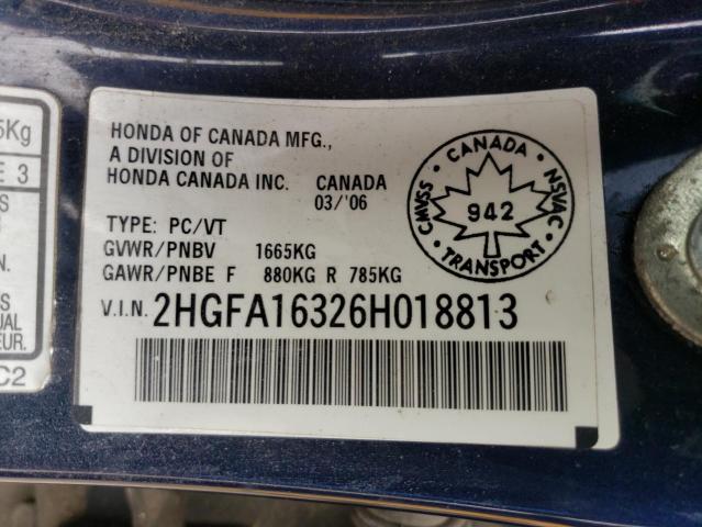 2HGFA16326H018813 - 2006 HONDA CIVIC DX VP Mavi foto 12