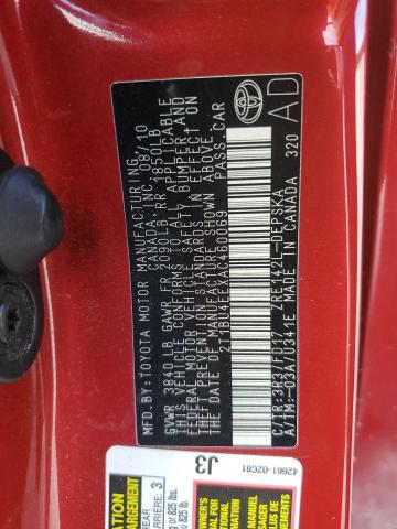 2T1BU4EEXAC460069 - 2010 TOYOTA COROLLA BASE Qırmızı foto 12