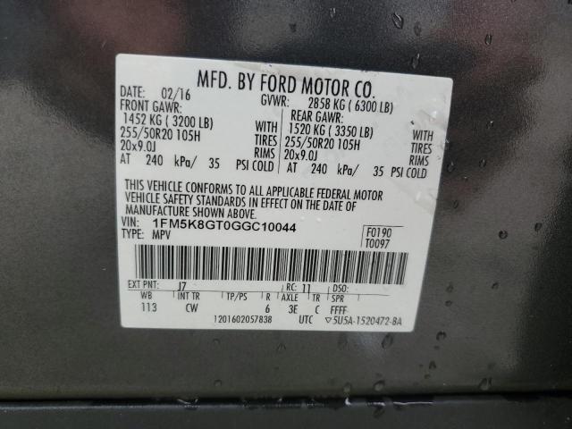 1FM5K8GT0GGC10044 - 2016 FORD EXPLORER SPORT ნაცრისფერი ფოტო 13