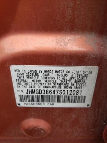 JHMGD38647S012081 - 2007 HONDA FIT S ნარინჯისფერი ფოტო 12