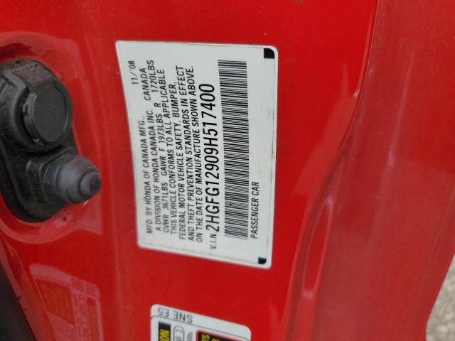 2HGFG12909H517400 - 2009 HONDA CIVIC EXL 红色 照片 12