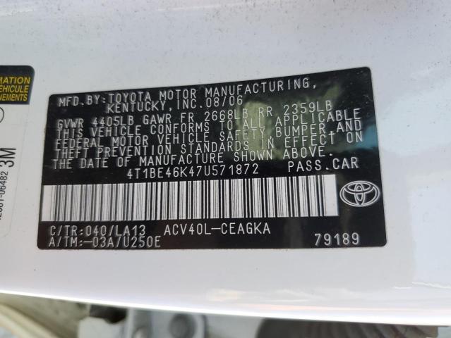 4T1BE46K47U571872 - 2007 TOYOTA CAMRY CE WHITE photo 12