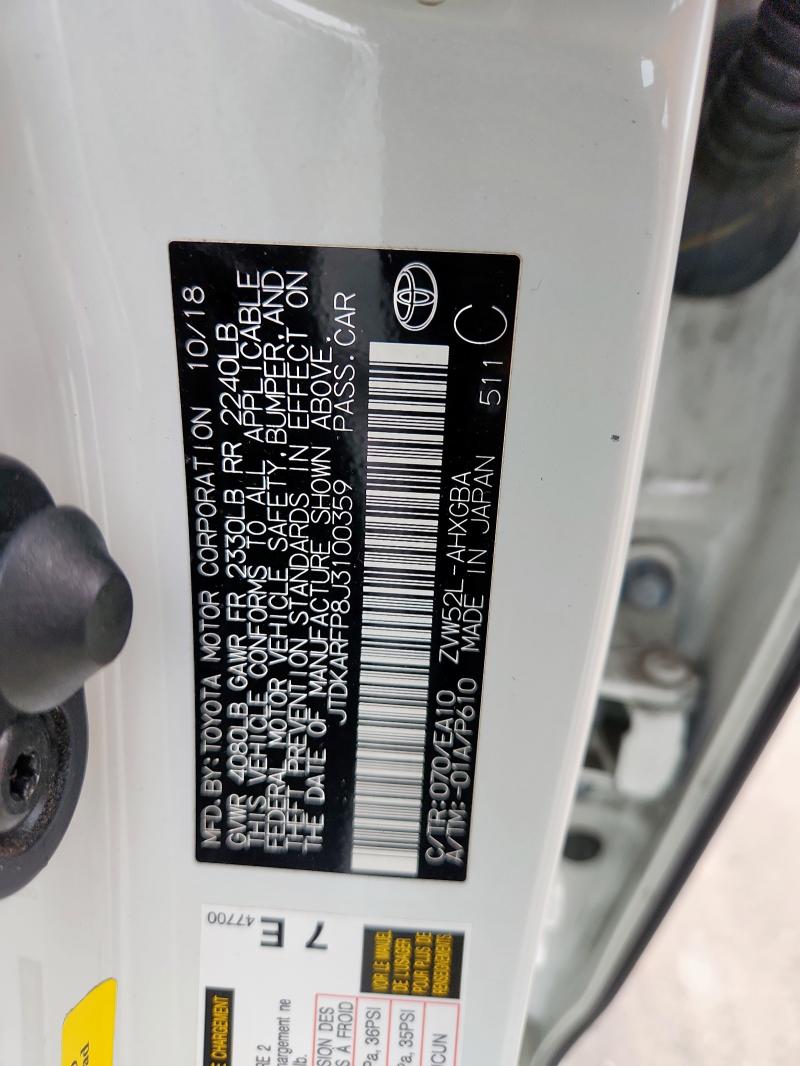 JTDKARFP8J3100359 - 2018 TOYOTA PRIUS PRIM 白色 照片 12