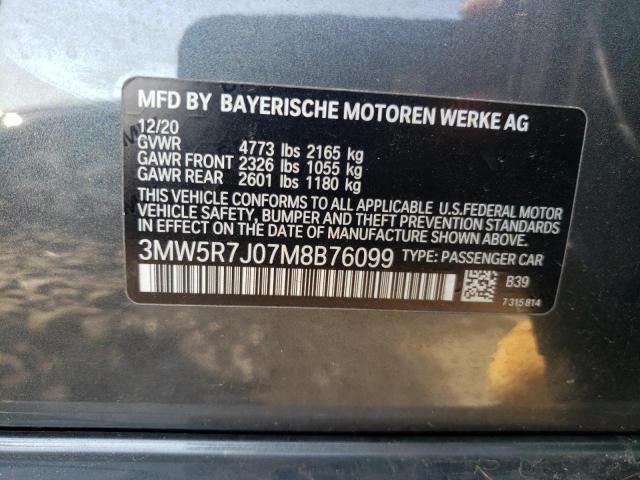 3MW5R7J07M8B76099 - 2021 BMW 330XI GRAY photo 13