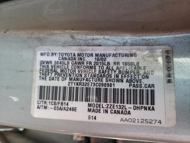 2T1KR32E73C098981 - 2003 TOYOTA COROLLA XR 灰色 照片 12