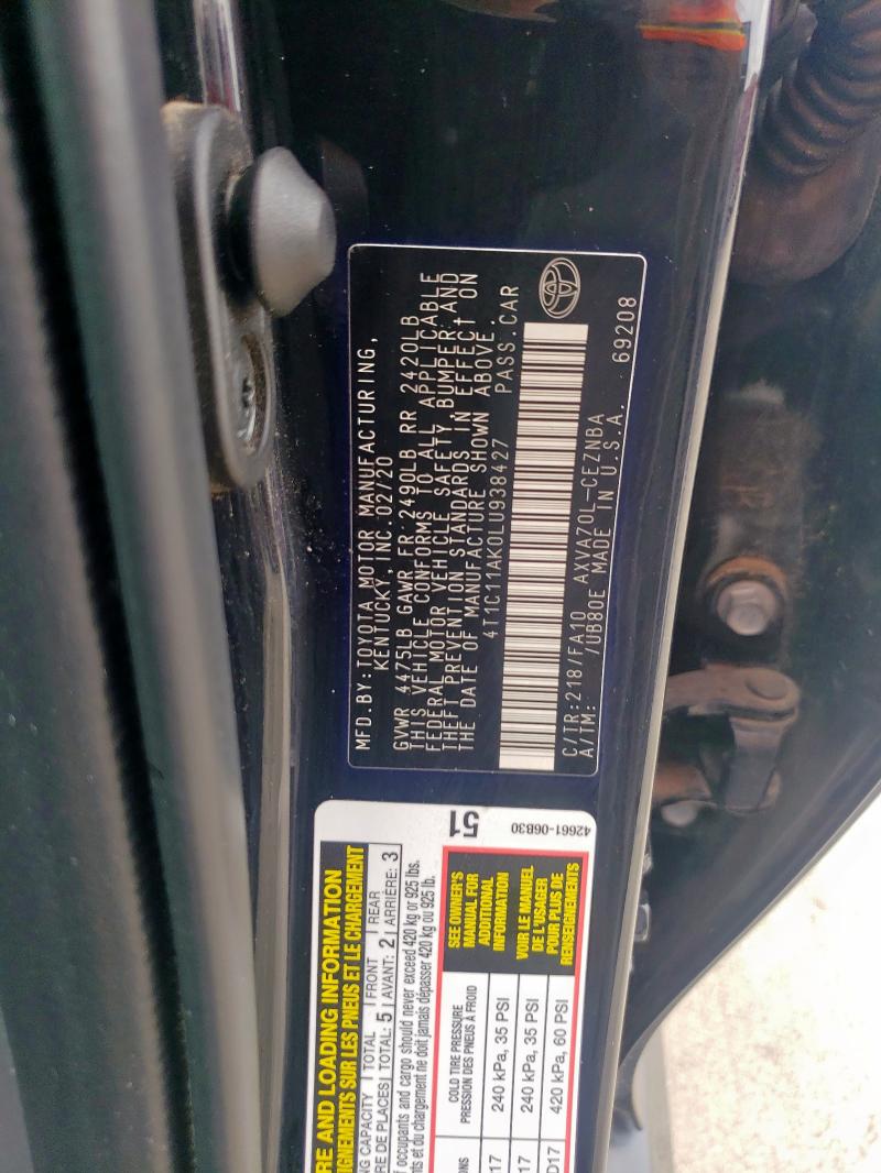 4T1C11AK0LU938427 - 2020 TOYOTA CAMRY LE BLACK photo 13