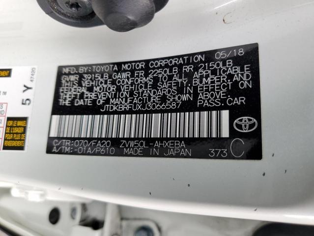 JTDKBRFUXJ3066587 - 2018 TOYOTA PRIUS WHITE photo 12