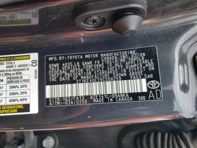 2T1KE40E29C008259 - 2009 TOYOTA COROLLA MA S GRAY photo 12