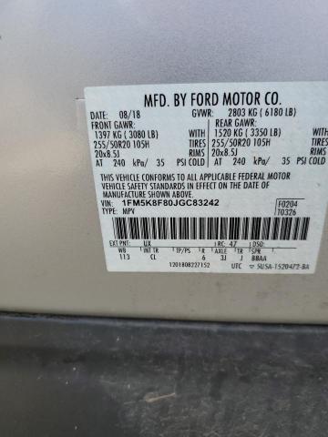 1FM5K8F80JGC83242 - 2018 FORD EXPLORER LIMITED ნაცრისფერი ფოტო 13