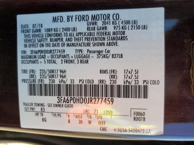 3FA6P0HD0JR277459 - 2018 FORD FUSION SE MAROON photo 12