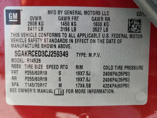 5GAKRCED3CJ259349 - 2012 BUICK ENCLAVE RED photo 13