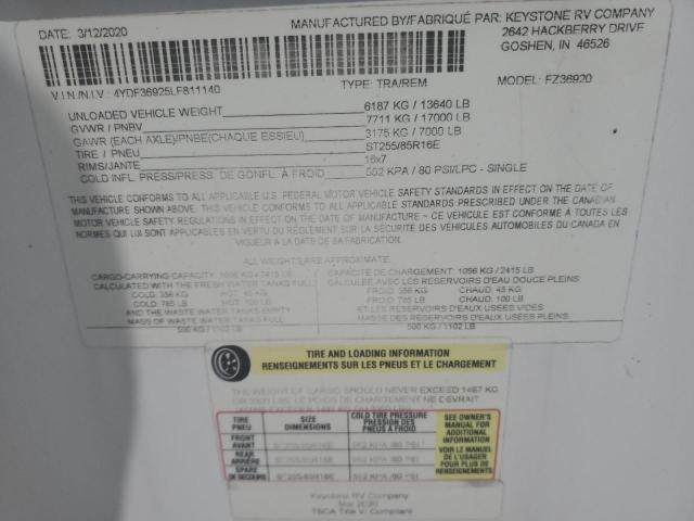 4YDF36925LF811140 - 2020 KEYSTONE 5TH WHEEL TWO TONE photo 10