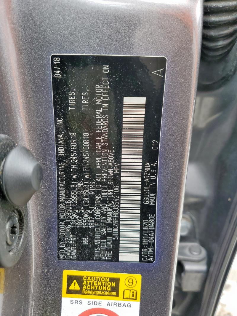 5TDKZRFH8JS542106 - 2018 TOYOTA HIGHLANDER SE Сірий фото 13