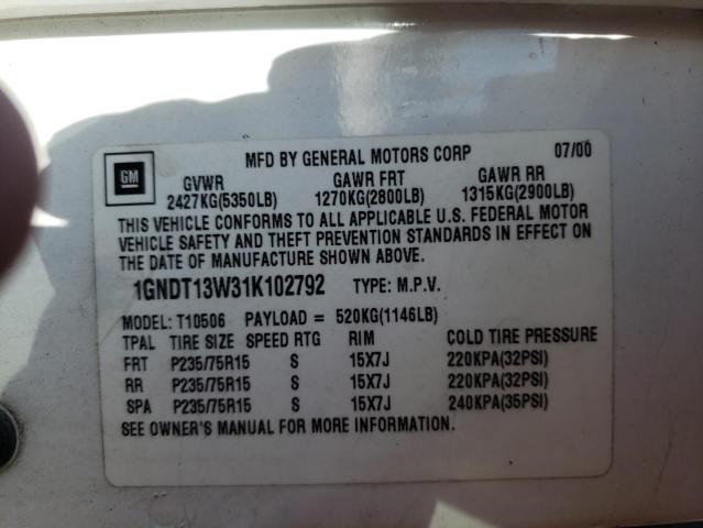 1GNDT13W31K102792 - 2001 CHEVROLET BLAZER WHITE photo 13