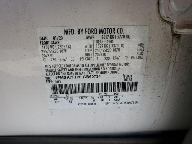 1FMSK7FH9LGB60734 - 2020 FORD EXPLORER LIMITED WHITE photo 13