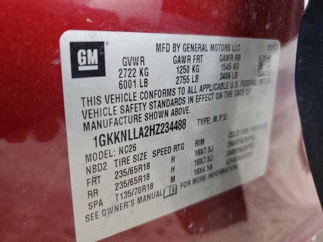 1GKKNLLA2HZ234488 - 2017 GMC ACADIA SLE MAROON photo 10