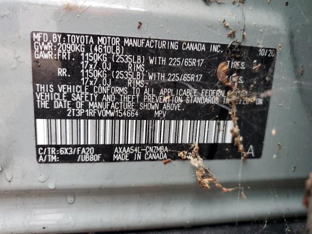 2T3P1RFV0MW154664 - 2021 TOYOTA RAV4 XLE GREEN photo 12