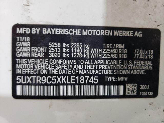 5UXTR9C5XKLE18745 - 2019 BMW X3 XDRIVE30I WHITE photo 13