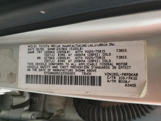 5TEGN92N12Z056903 - 2002 TOYOTA TACOMA DOUBLE CAB PRERUNNER SILVER photo 12