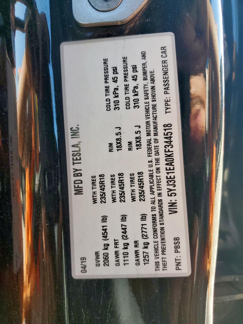 5YJ3E1EA0KF344518 - 2019 TESLA MODEL 3 黑色 照片 12