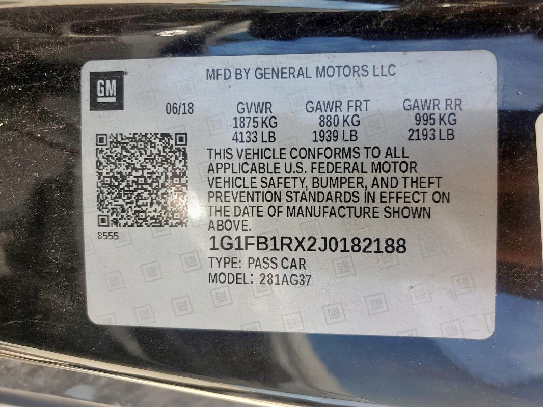 1G1FB1RX2J0182188 - 2018 CHEVROLET CAMARO LT BLACK photo 12