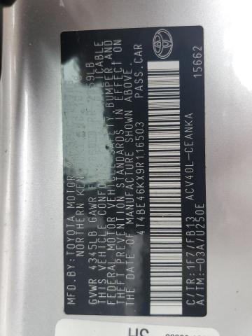 4T4BE46KX9R116503 - 2009 TOYOTA CAMRY BASE SILVER photo 12