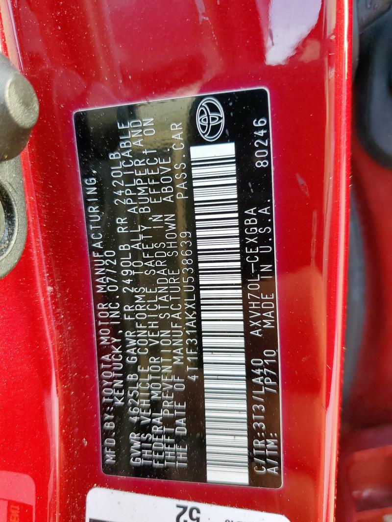 4T1F31AKXLU538639 - 2020 TOYOTA CAMRY XLE RED photo 13