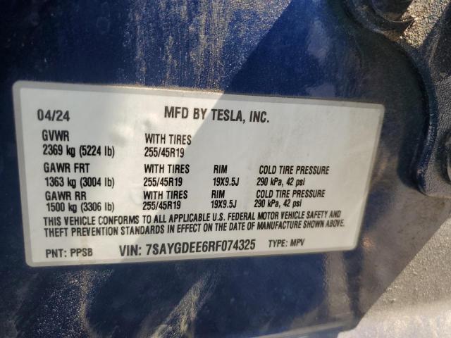 7SAYGDEE6RF074325 - 2024 TESLA MODEL Y Көк фото 12