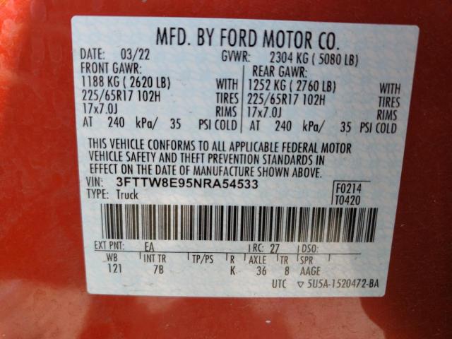 3FTTW8E95NRA54533 - 2022 FORD MAVERICK XL ORANGE photo 13