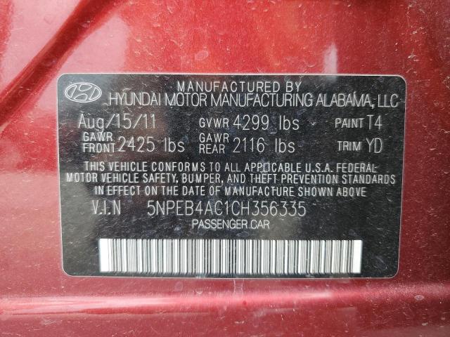 5NPEB4AC1CH356335 - 2012 HYUNDAI SONATA GLS RED photo 12