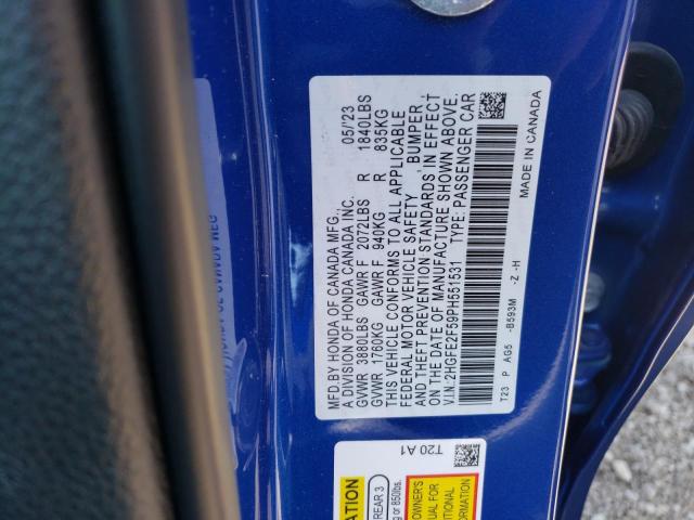 2HGFE2F59PH551531 - 2023 HONDA CIVIC SPORT BLUE photo 12