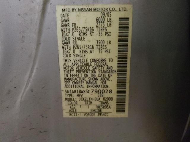 5N1AR18WX5C790028 - 2005 NISSAN PATHFINDER LE 银色 照片 12