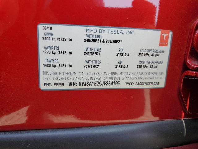 5YJSA1E29JF264195 - 2018 TESLA MODEL S Qırmızı foto 12