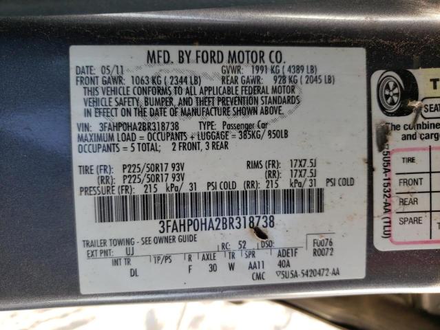 3FAHP0HA2BR318738 - 2011 FORD FUSION SE GRAY photo 12