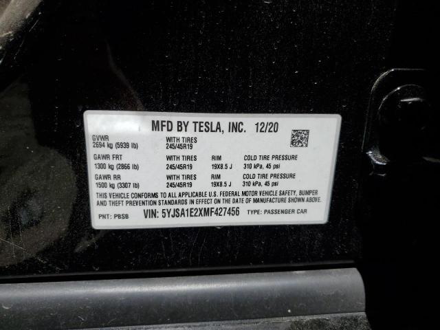5YJSA1E2XMF427456 - 2021 TESLA MODEL S Սև լուսանկար 12