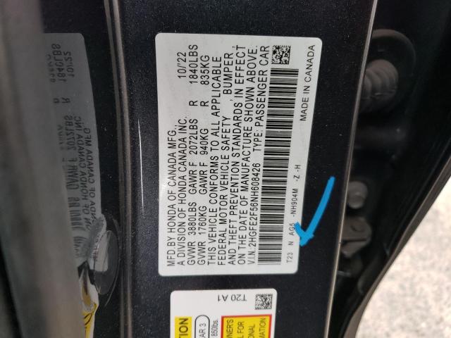 2HGFE2F56NH608426 - 2022 HONDA CIVIC SPORT GRAY photo 12
