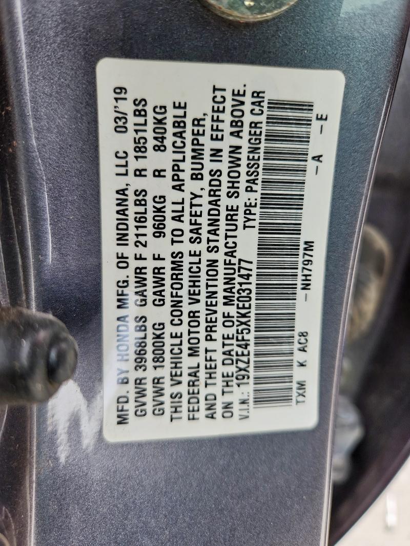 19XZE4F5XKE031477 - 2019 HONDA INSIGHT EX GRAY photo 12